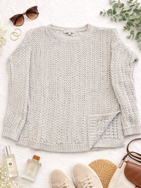 LOFT Sweater LG Light Gray Cable Knit Textured Lightweight Minimalist Classic